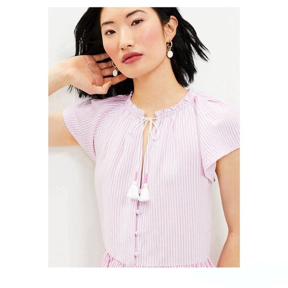 LOFT Womens Dress Striped Tie Neck Tiered Swing Linen Blend Preppy Sz L NWT - Picture 3 of 16